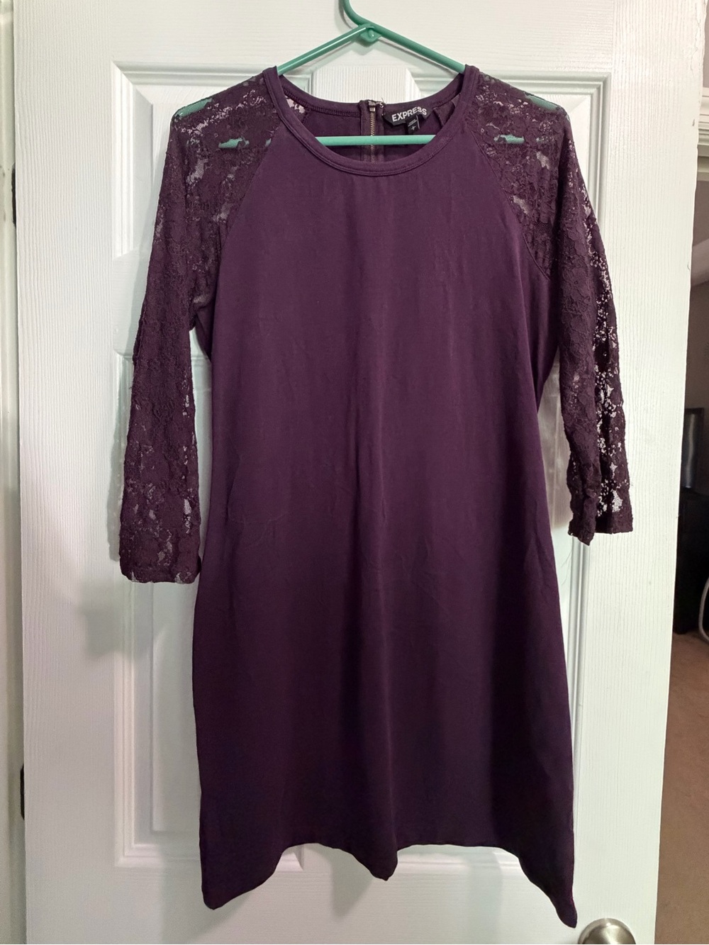 Express Plum Lace-Sleeve Long Sleeve Shift Dress